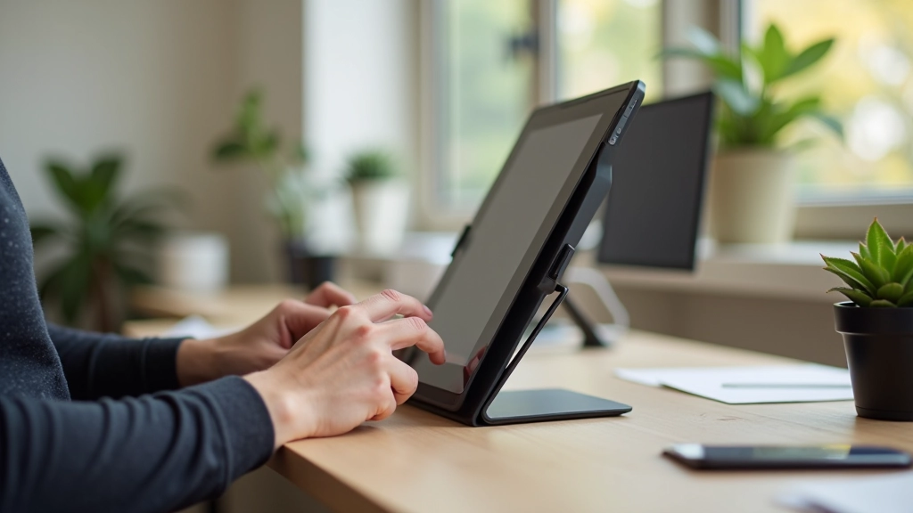 Ergonomic desk setup with tablet on stand at proper angle, stylus holder, good lighting, comfortable chair positioning