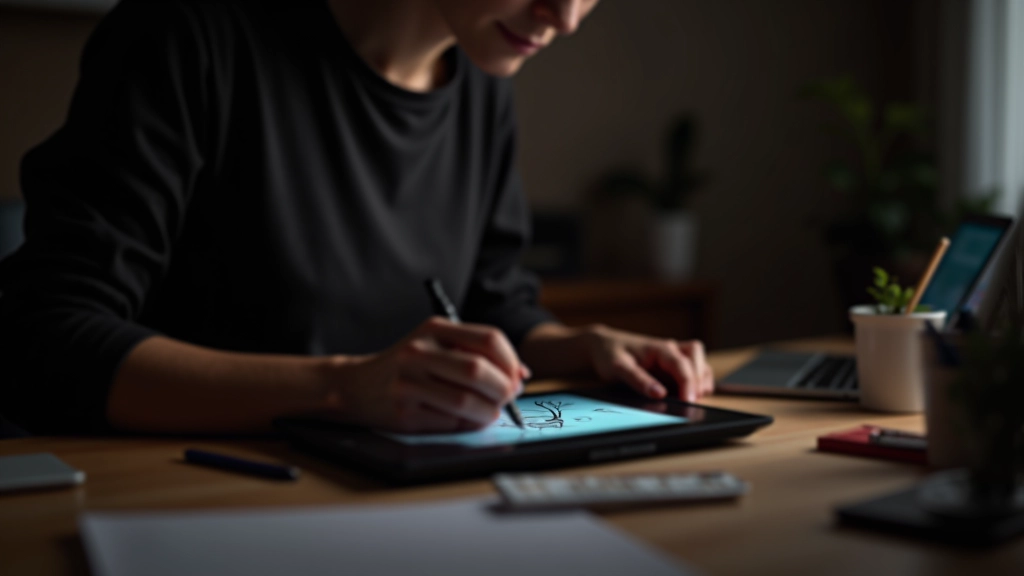 Digital illustrator at workstation with multiple monitors showing layered artwork and illustration workflow organization