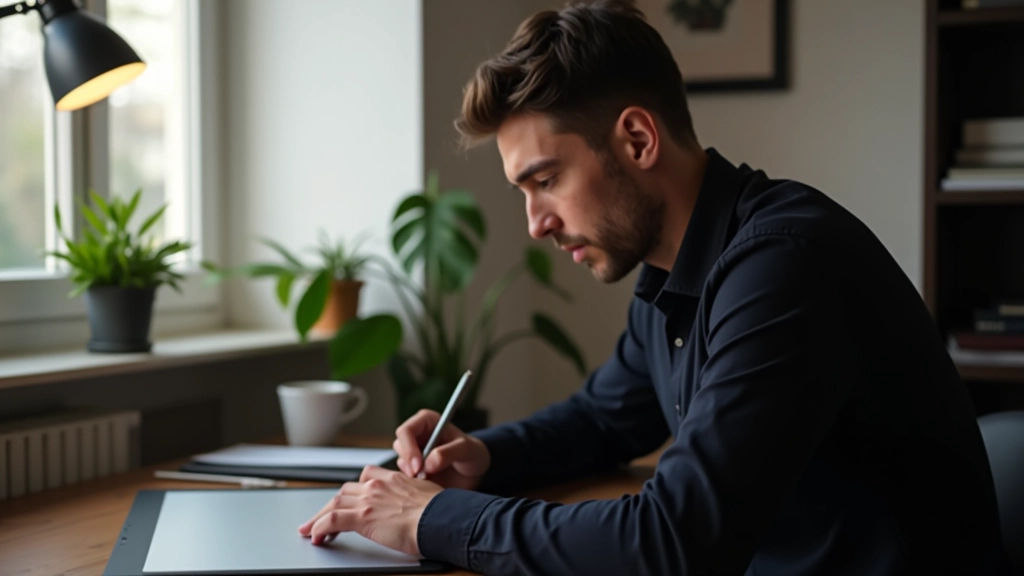 Digital artist working on illustration tablet with stylus, detailed workspace showing monitor, tablet pen holder, and multiple software windows open simultaneously