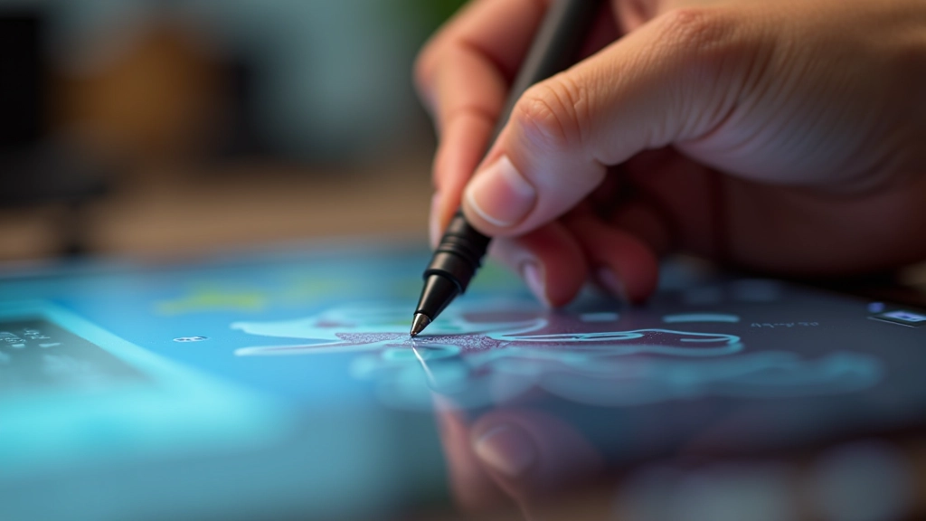 Close-up of tablet stylus pressing on tablet surface at different angles showing pressure application