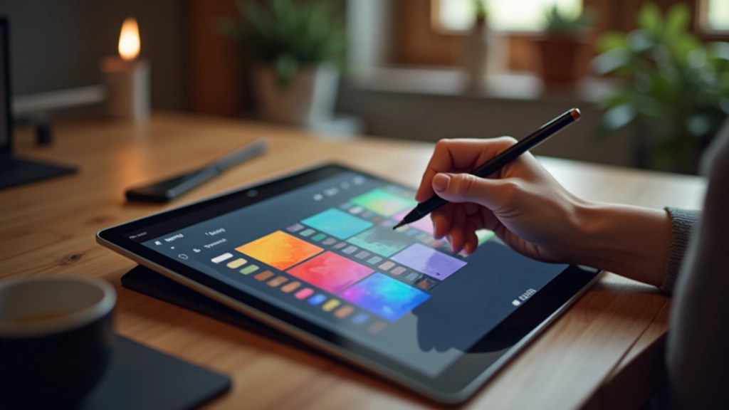 Close-up of digital color palette with gradient swatches showing warm and cool color relationships on tablet screen